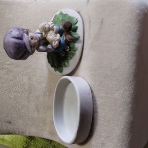 Vintage Porcelain Trinket Box Enesco Boy Figurine Lamb, violet Hat 1979,